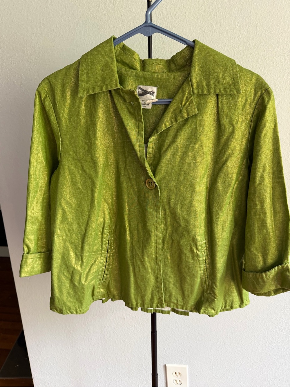 Chico's Shimmer Olive-Green Button Front Jacket Top